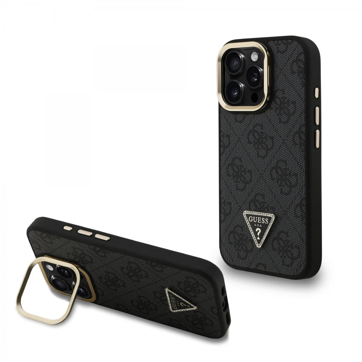 Guess 4G Strass Logo Hülle mit Stand & Kamera-Rahmen für iPhone 15 Pro Max – Schwarz