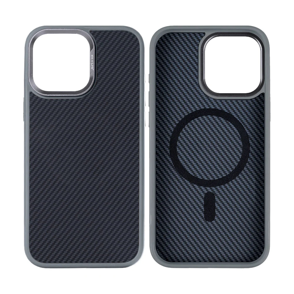 Rixus Carbon-Look Schutzhülle für iPhone 12 Pro Max – mit MagSafe & Metall-Kameraschutz