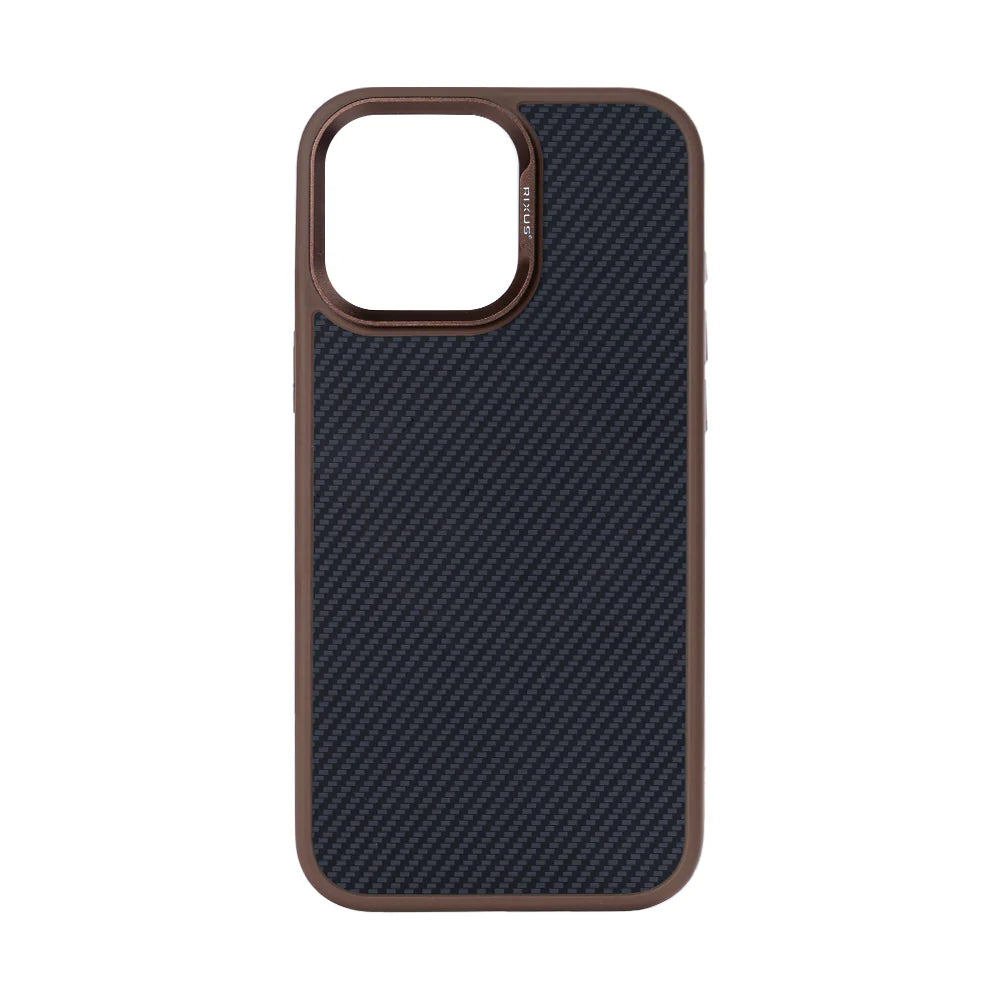 Rixus Schutzhülle für iPhone 12 Pro Max – Carbon-Look Braun mit MagSafe & Metall-Kamerarahmen