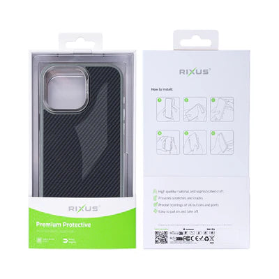 RIXUS MagSafe-Hülle im Carbon-Faser-Look für iPhone 13 – Schwarz mit Grauem Rahmen