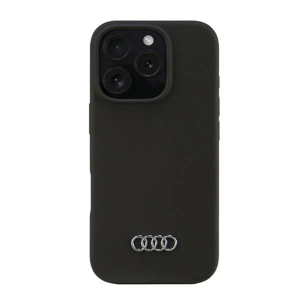 Audi Handyhülle für iPhone 16 Pro – Schwarzes Leder-Design mit Logo