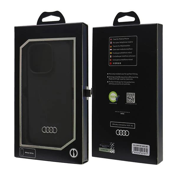 Audi Handyhülle für iPhone 16 Pro – Schwarzes Leder-Design mit Logo