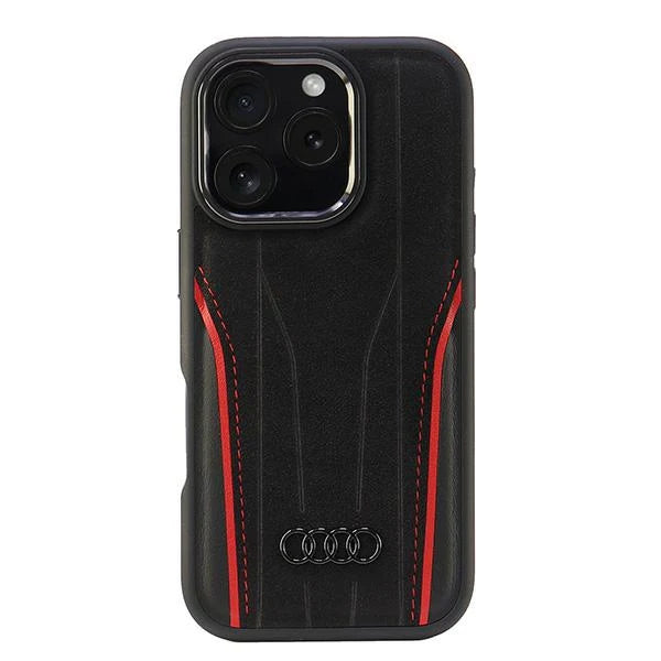 Offizielle Audi Alcantara-Hülle mit Magnetic Module-Kompatibilität für iPhone 16 Pro Max – Schwarz/Rot