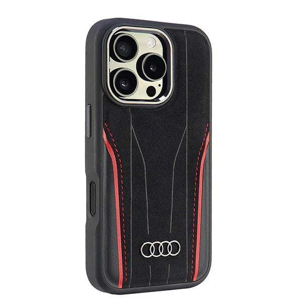 Audi Hülle iPhone 16 Pro – Alcantara mit Magnetfunktion | Rot-Schwarz