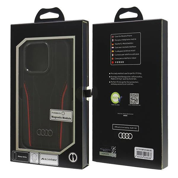 Audi Hülle iPhone 16 Pro – Alcantara mit Magnetfunktion | Rot-Schwarz