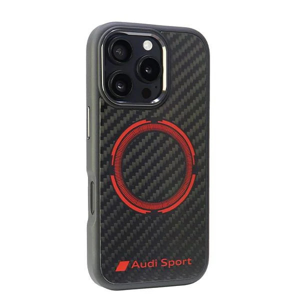 Audi Sport Carbon-Look MagSafe-Hülle für iPhone 16 Pro Max – Schwarz/Rot