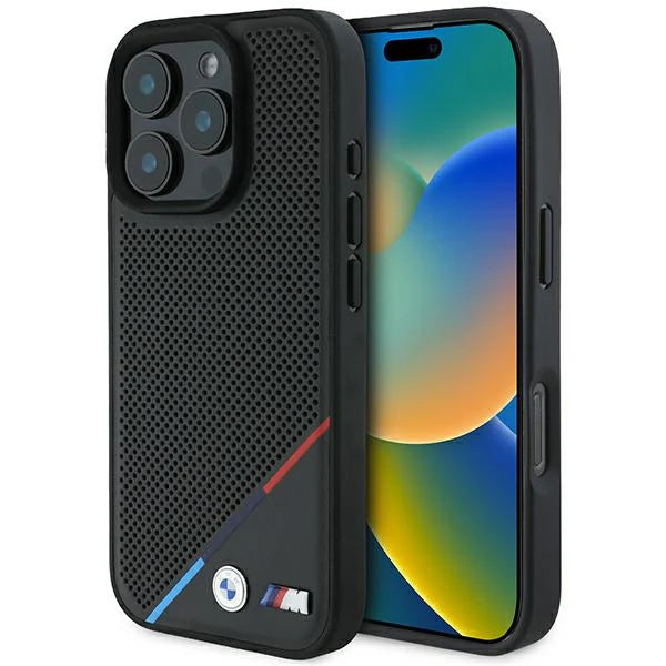 BMW M MagSafe Hülle für iPhone 16 Pro – Schwarz mit perforierter Rückseite & M-Farben