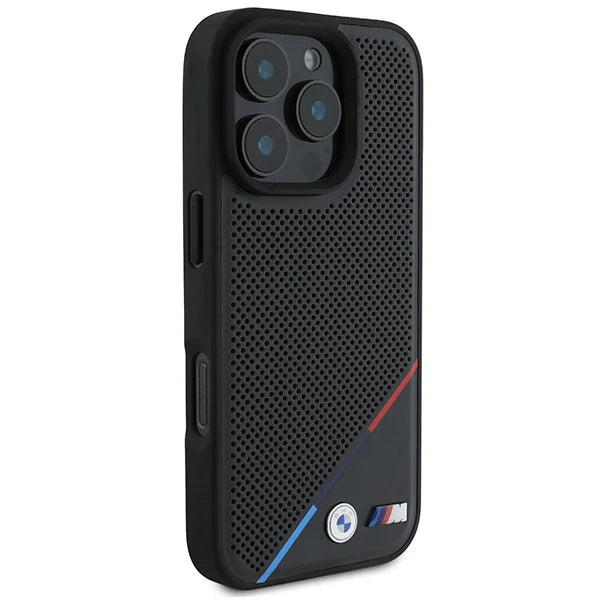 BMW M MagSafe Hülle für iPhone 16 Pro – Schwarz mit perforierter Rückseite & M-Farben