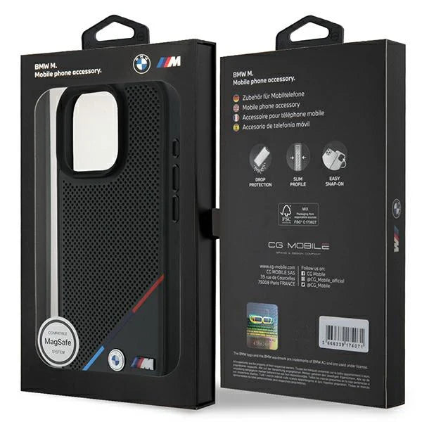 BMW M MagSafe Hülle für iPhone 16 Pro – Schwarz mit perforierter Rückseite & M-Farben