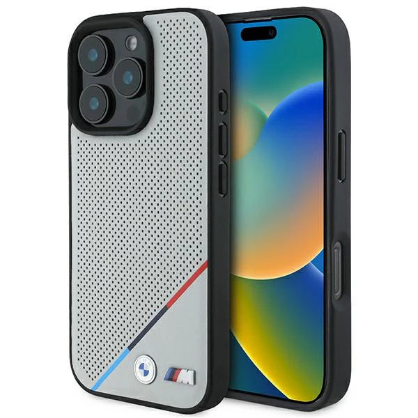 BMW M MagSafe Hülle für iPhone 16 Pro – Grau mit perforierter Oberfläche & M-Farben