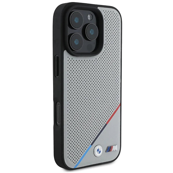 BMW M MagSafe Hülle für iPhone 16 Pro – Grau mit perforierter Oberfläche & M-Farben