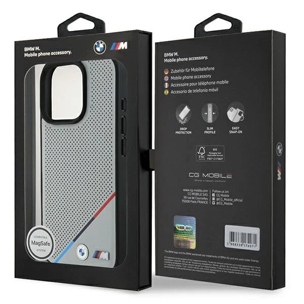 BMW M MagSafe Hülle für iPhone 16 Pro – Grau mit perforierter Oberfläche & M-Farben