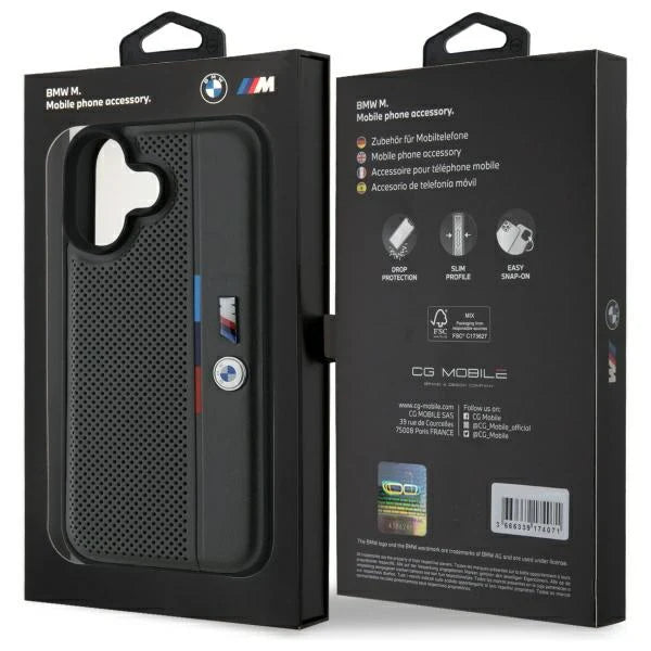 BMW M Motorsport Schutzhülle für iPhone 16 – Schwarz mit Logo & M-Streifen