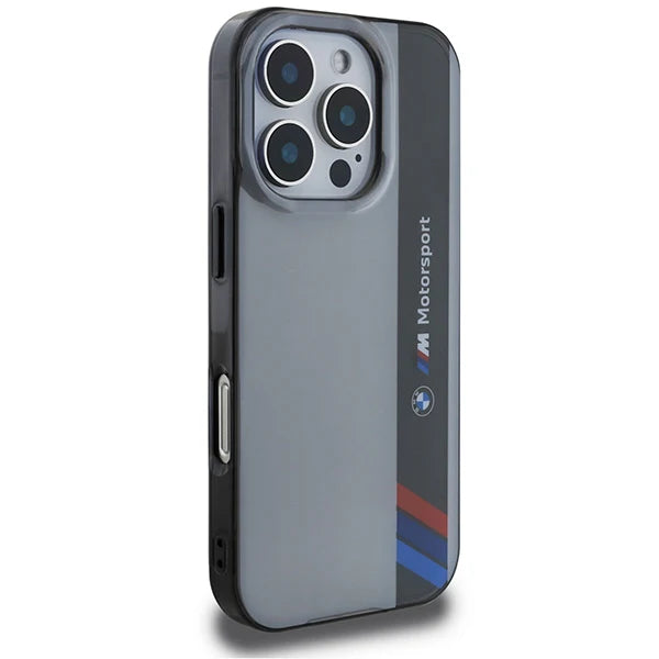 BMW M Motorsport Hülle für iPhone 16 Pro – Transparent Grau mit Racing-Streifen