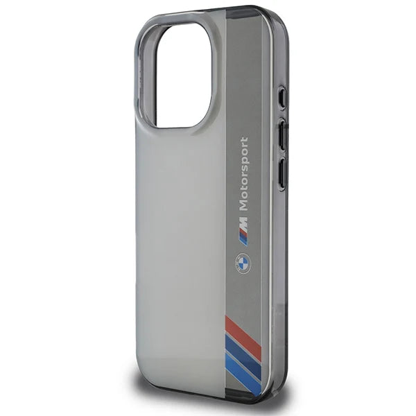 BMW M Motorsport Hülle für iPhone 16 Pro – Transparent Grau mit Racing-Streifen