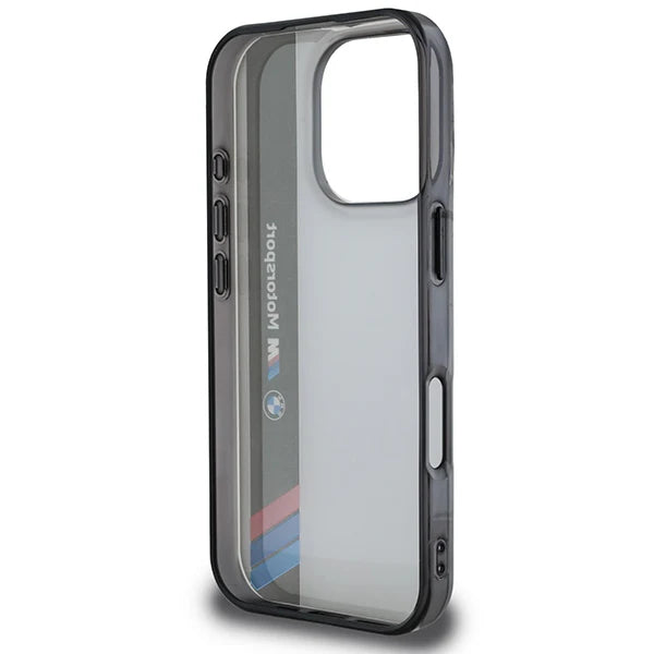 BMW M Motorsport Hülle für iPhone 16 Pro – Transparent Grau mit Racing-Streifen