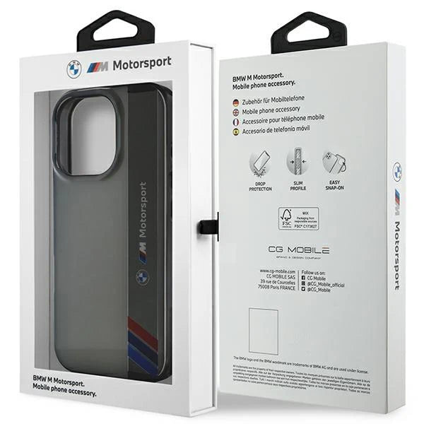 BMW M Motorsport Hülle für iPhone 16 Pro – Transparent Grau mit Racing-Streifen