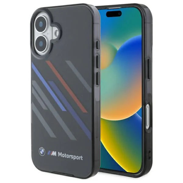 BMW M Motorsport Hülle für iPhone 16 – Schwarz mit Racing-Streifen