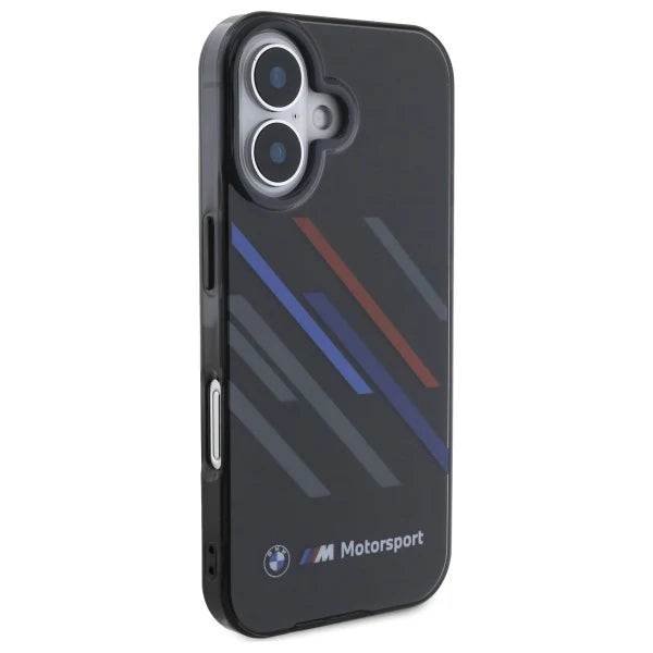 BMW M Motorsport Hülle für iPhone 16 – Schwarz mit Racing-Streifen