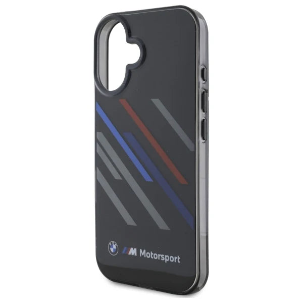 BMW M Motorsport Hülle für iPhone 16 – Schwarz mit Racing-Streifen