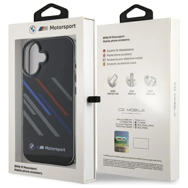 BMW M Motorsport Hülle für iPhone 16 – Schwarz mit Racing-Streifen