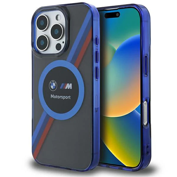 BMW M Motorsport MagSafe Hülle für iPhone 16 Pro – Transparentes Blau mit Rennstreifen