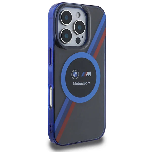 BMW M Motorsport MagSafe Hülle für iPhone 16 Pro – Transparentes Blau mit Rennstreifen