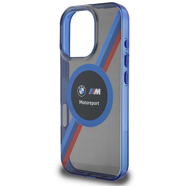BMW M Motorsport MagSafe Hülle für iPhone 16 Pro – Transparentes Blau mit Rennstreifen