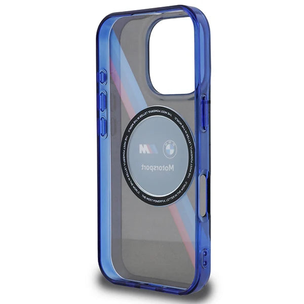 BMW M Motorsport MagSafe Hülle für iPhone 16 Pro – Transparentes Blau mit Rennstreifen