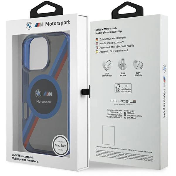 BMW M Motorsport MagSafe Hülle für iPhone 16 Pro – Transparentes Blau mit Rennstreifen