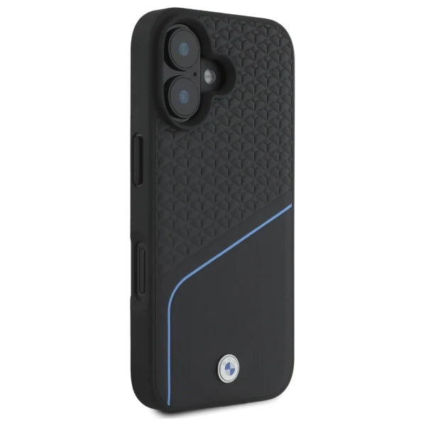 BMW MagSafe Hülle für iPhone 16 – Schwarz mit Blauem Akzent & Strukturdesign