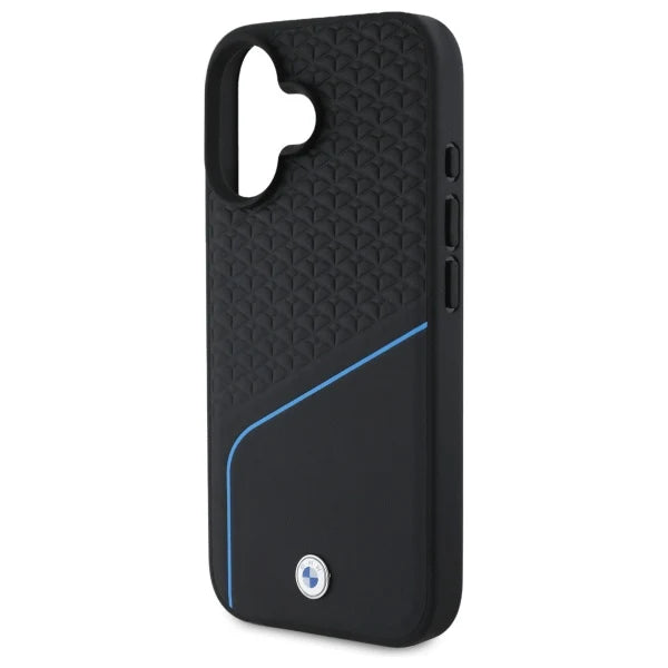 BMW MagSafe Hülle für iPhone 16 – Schwarz mit Blauem Akzent & Strukturdesign