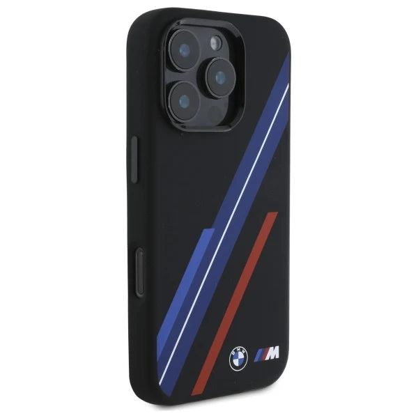 BMW M Collection Hülle für iPhone 16 Pro – MagSafe-kompatibles Hardcase mit Racing-Streifen – Schwarz/Multicolor