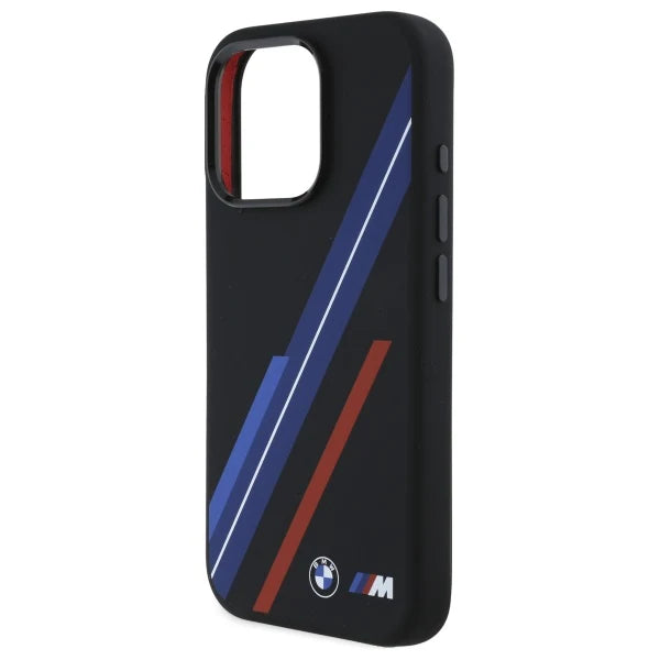 BMW M Collection Hülle für iPhone 16 Pro – MagSafe-kompatibles Hardcase mit Racing-Streifen – Schwarz/Multicolor