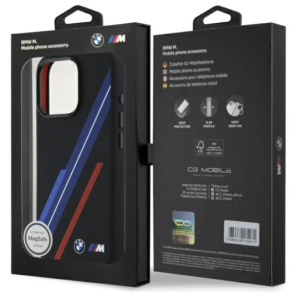 BMW M Collection Hülle für iPhone 16 Pro – MagSafe-kompatibles Hardcase mit Racing-Streifen – Schwarz/Multicolor
