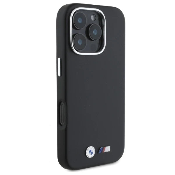 BMW M Hardcase für iPhone 16 Pro – Schwarz mit Metall-Logo und silbernem Kamerarahmen