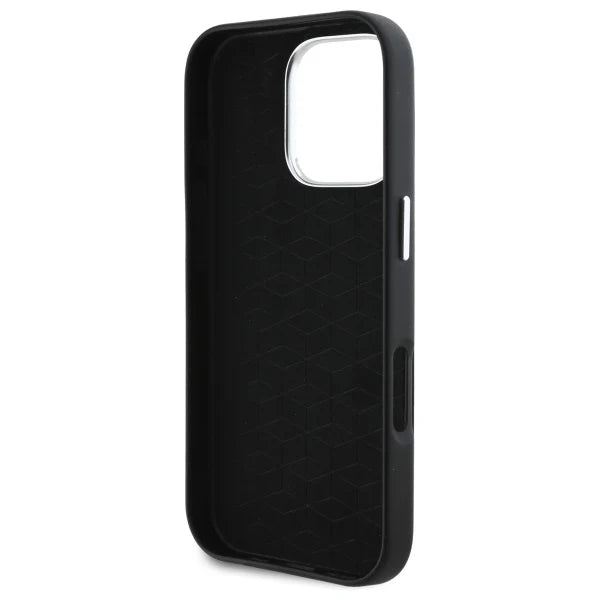 BMW M Hardcase für iPhone 16 Pro – Schwarz mit Metall-Logo und silbernem Kamerarahmen