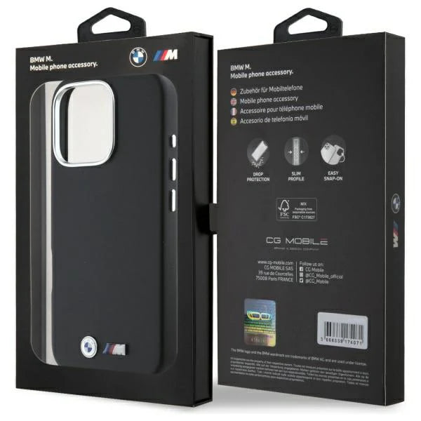 BMW M Hardcase für iPhone 16 Pro – Schwarz mit Metall-Logo und silbernem Kamerarahmen