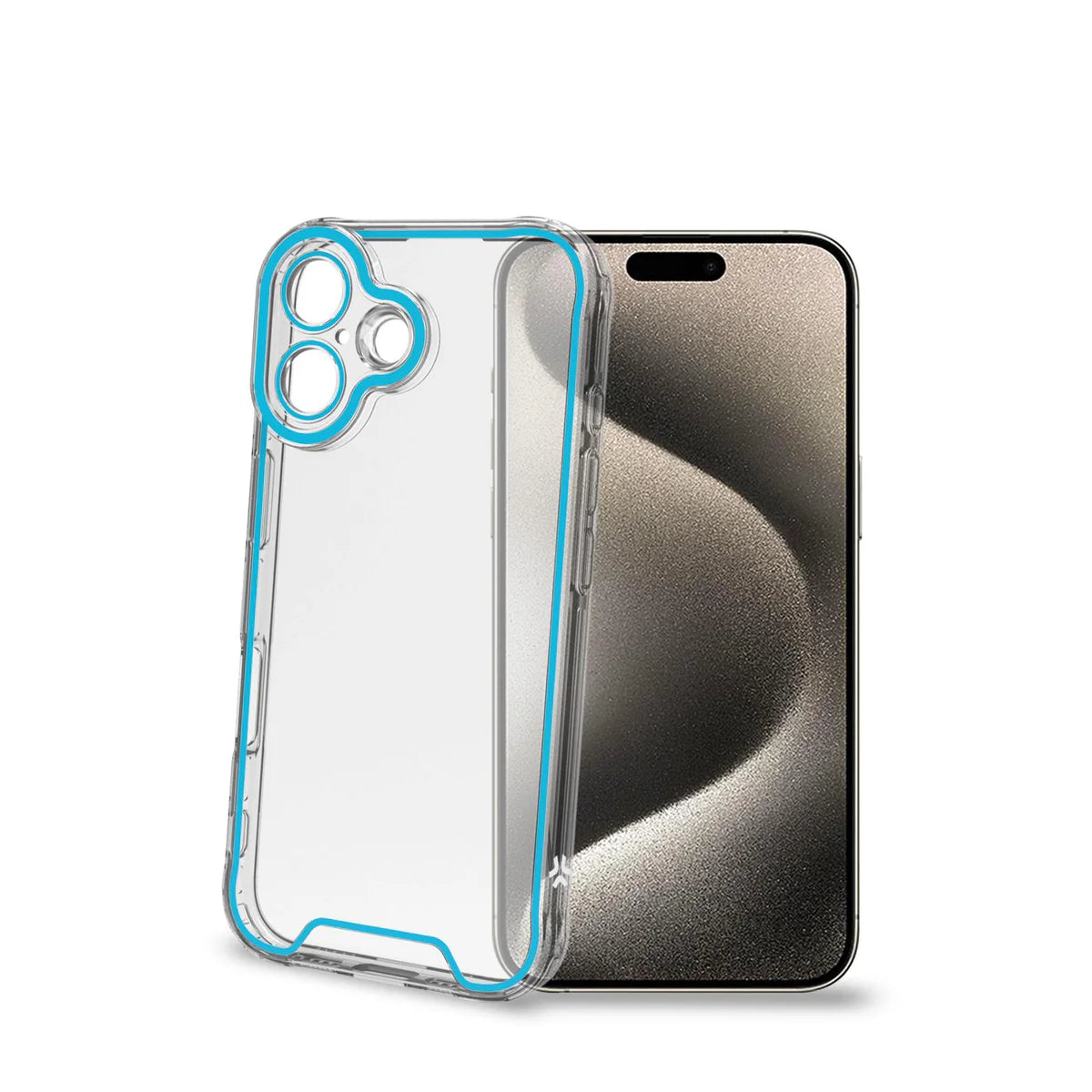 Celly Glow Schutzhülle für iPhone 16 – Transparent mit blauen Akzenten