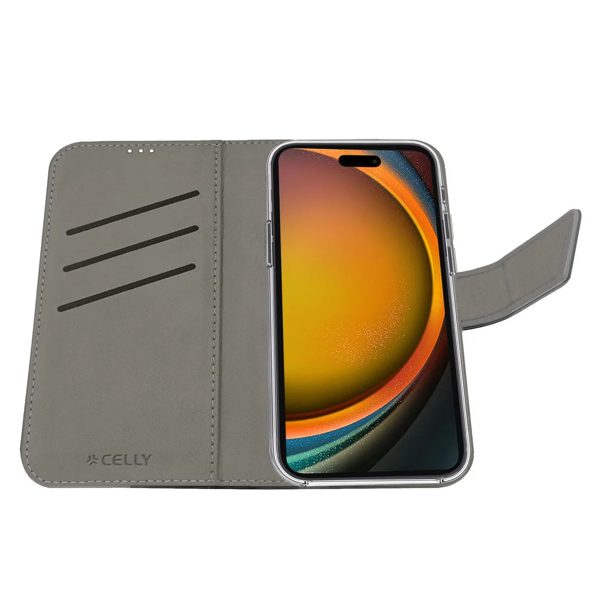 Celly Wallet Case für iPhone 16 Pro Max – Klapphülle mit Kartenfach in Grau