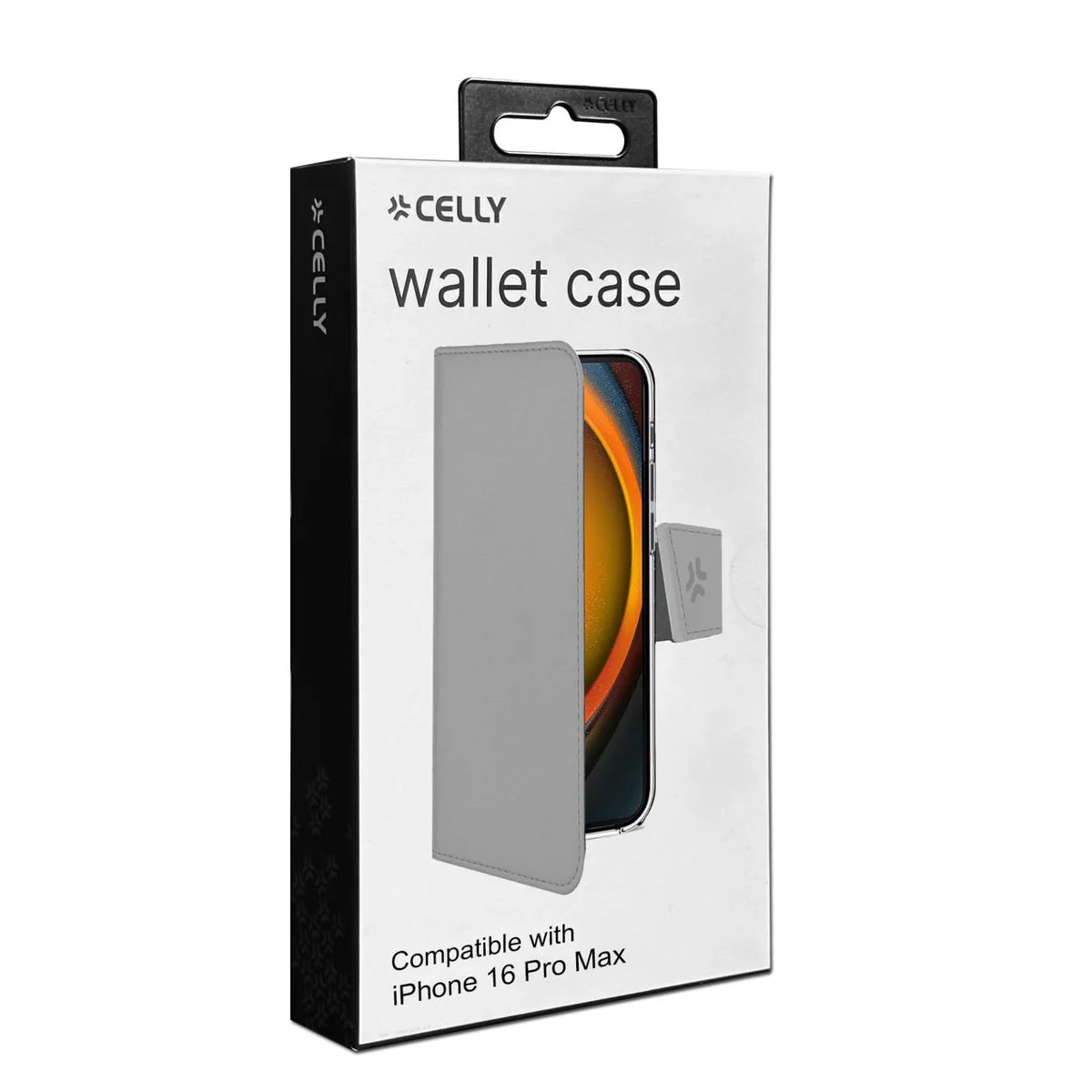 Celly Wallet Case für iPhone 16 Pro Max – Klapphülle mit Kartenfach in Grau