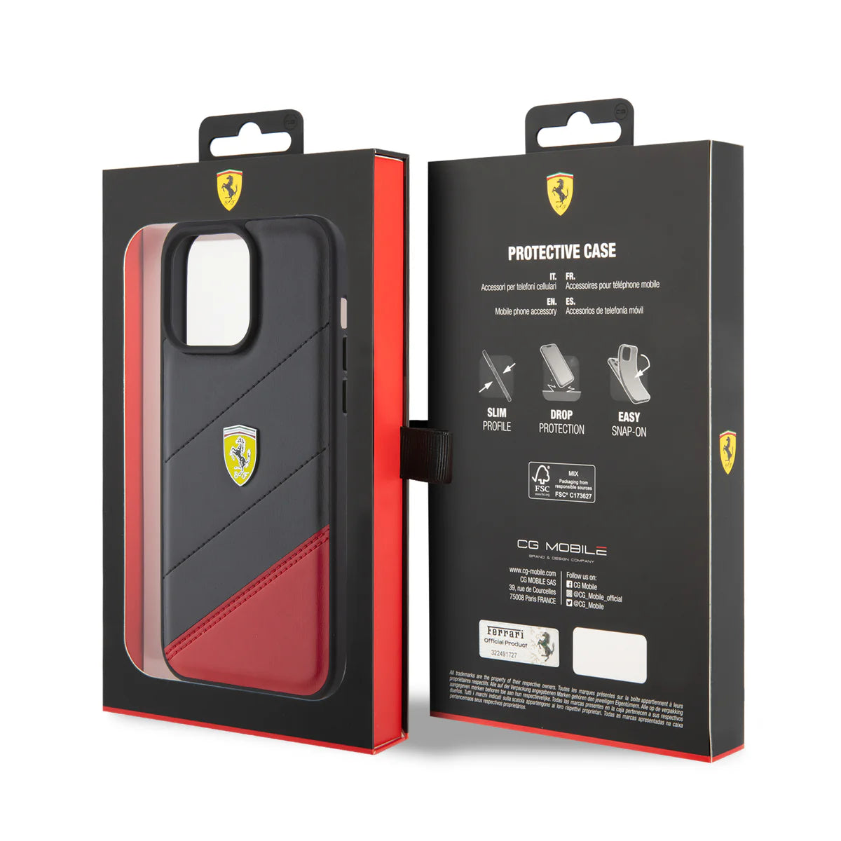 Ferrari Hardcase Shield Leather für iPhone 15 Pro Max – Schwarz/Rot