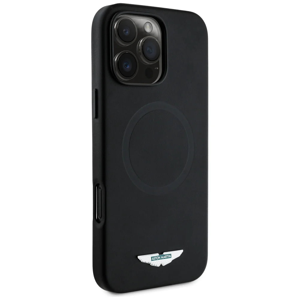 Aston Martin MagSafe Hülle für iPhone 16 Pro Max – Schwarz, Echtleder-Look