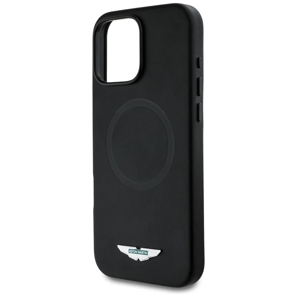 Aston Martin MagSafe Hülle für iPhone 16 Pro Max – Schwarz, Echtleder-Look