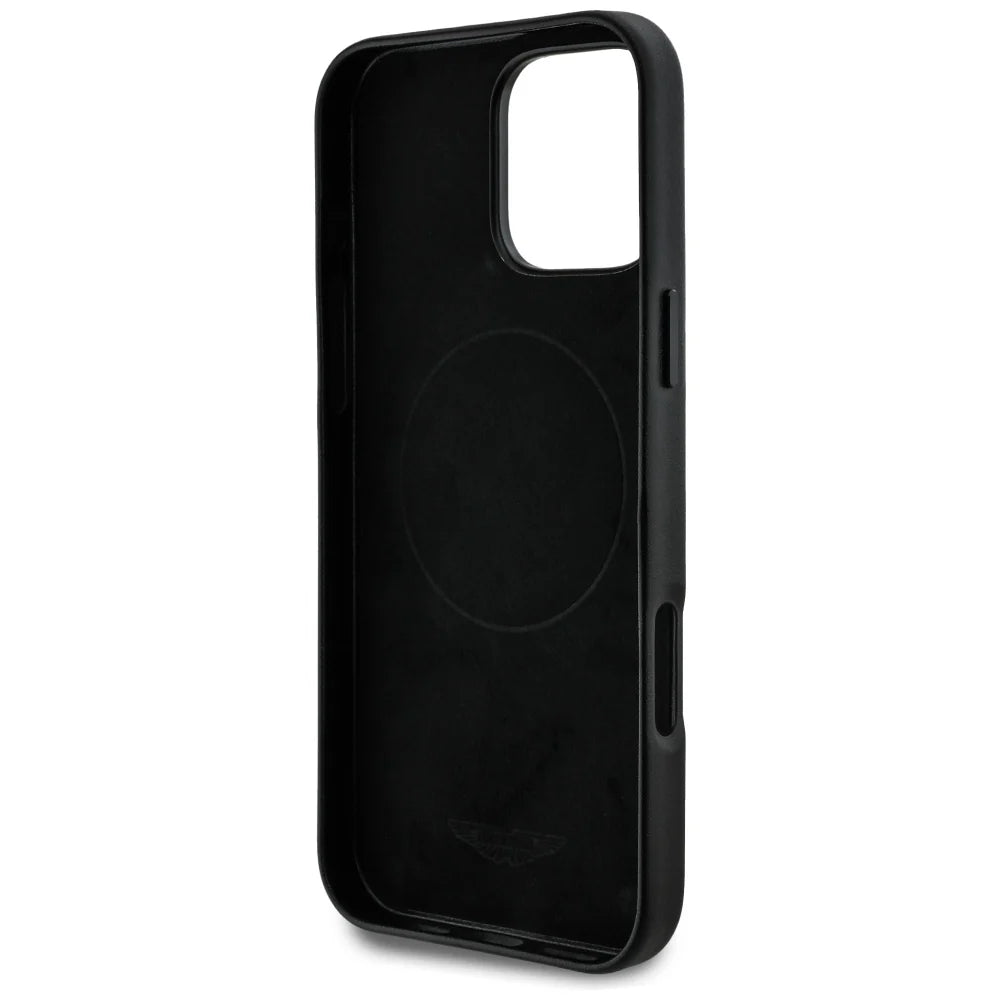 Aston Martin MagSafe Hülle für iPhone 16 Pro Max – Schwarz, Echtleder-Look