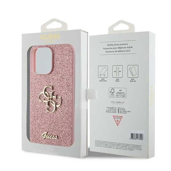 Guess Glitter 4G Hülle für iPhone 15 Pro Max – Roségold Pink