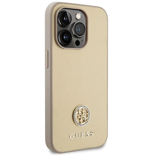 Guess 4G Logo Hülle für iPhone 15 Pro Max – Gold mit Strass-Emblem