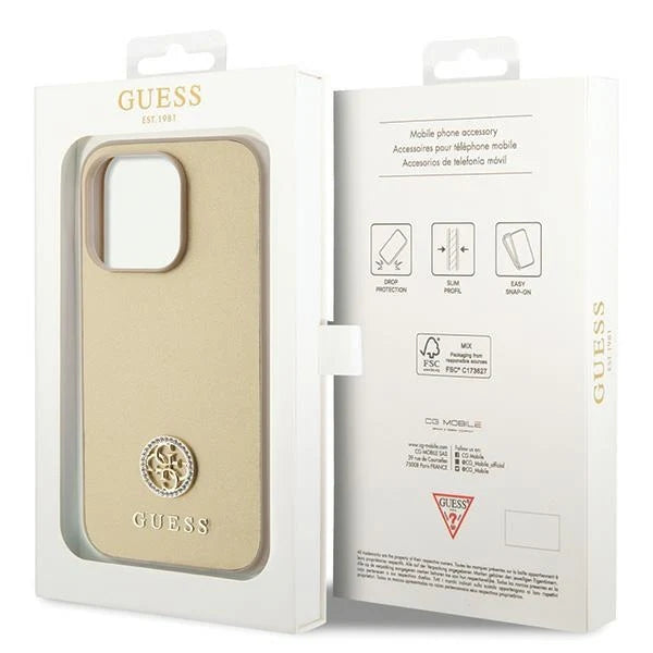 Guess 4G Logo Hülle für iPhone 15 Pro Max – Gold mit Strass-Emblem
