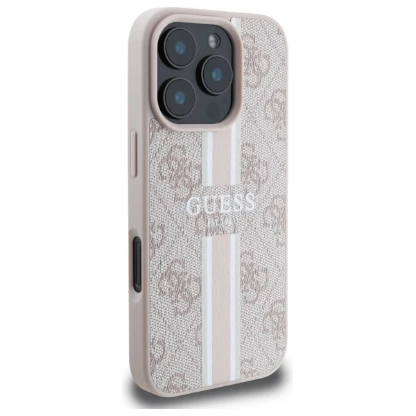 GUESS Handyhülle für iPhone 16 Pro Max – Beige mit Logo-Muster & Streifen-Design