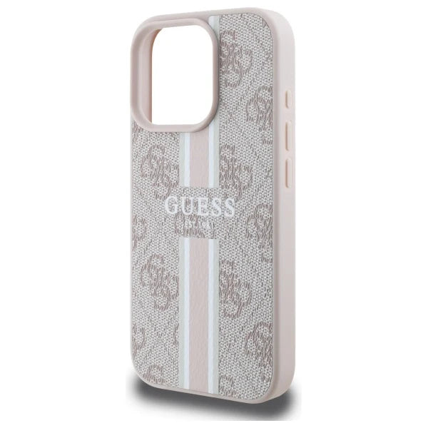 GUESS Handyhülle für iPhone 16 Pro Max – Beige mit Logo-Muster & Streifen-Design